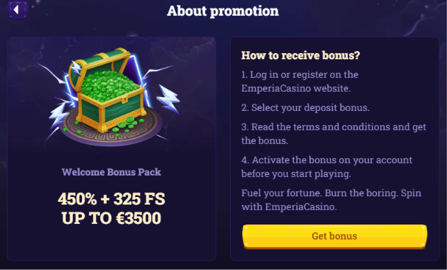 Emperia Casino welcome bonus