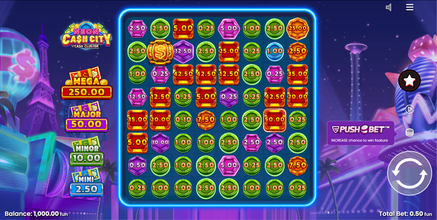Neon Cash City Push Bet and Feature Buy