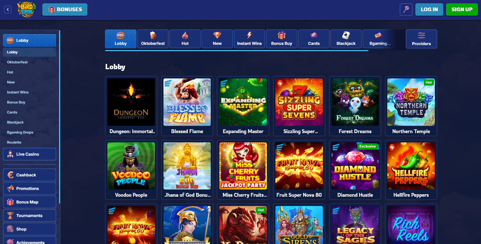 BirdSpin Casino review: games lobby showing category navigation and provider filters