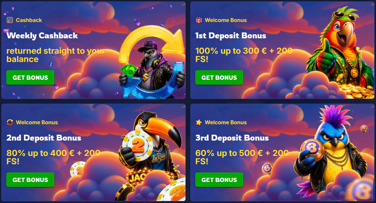 BirdSpin Casino review: 3rd Deposit Bonus promo card showing the free spins discrepancy