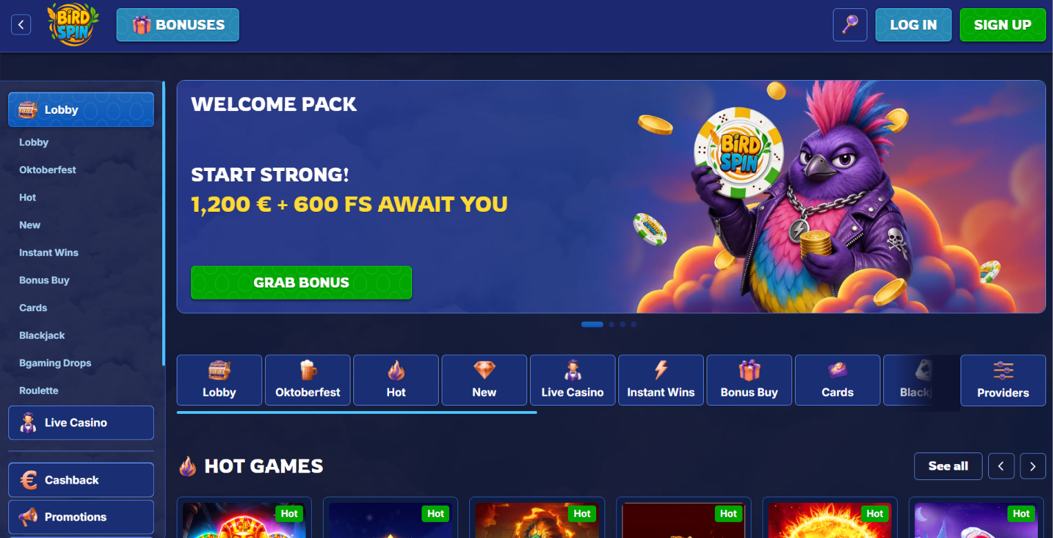 BirdSpin Casino: homepage showing games lobby and promotional banners