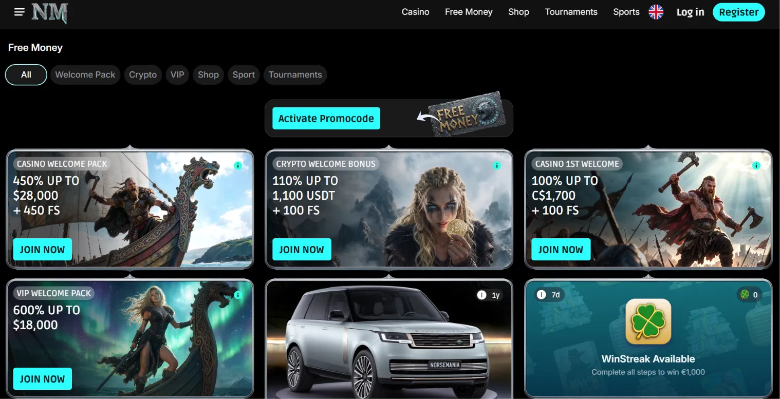 Norse Mania welcome bonuses including Casino, Crypto and VIP offers