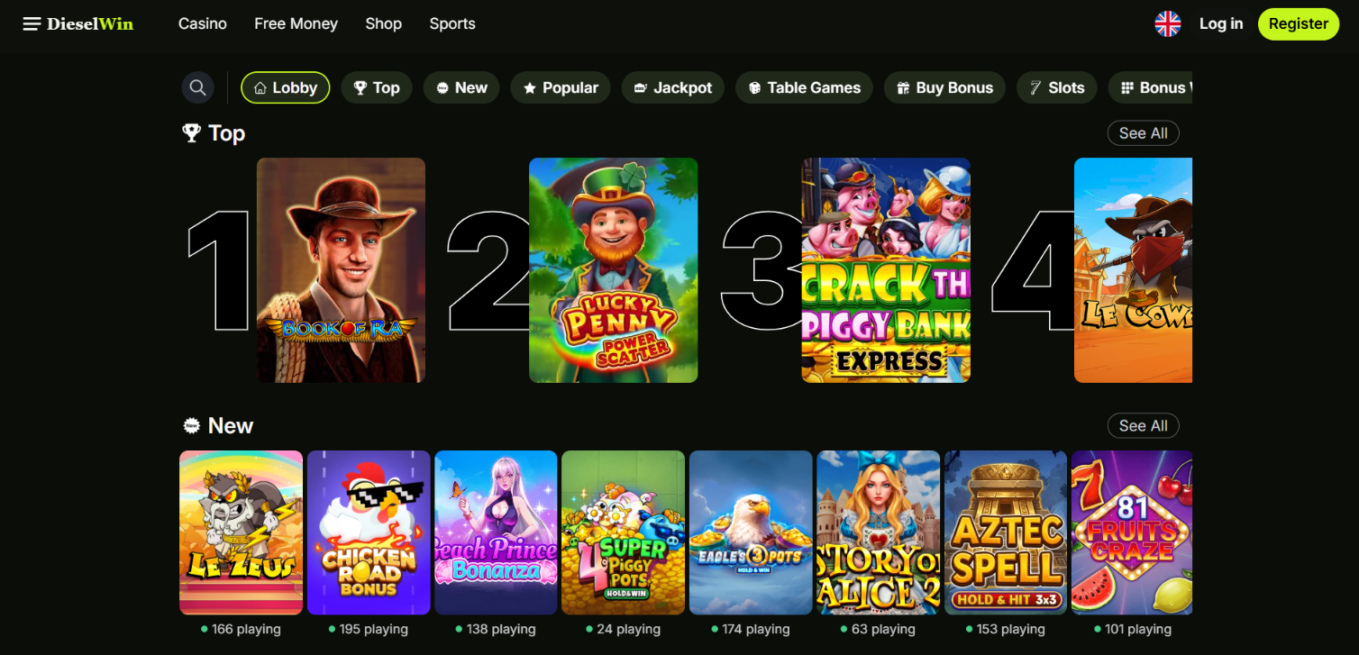 DieselWin Casino lobby with top-ranked and new online slot games