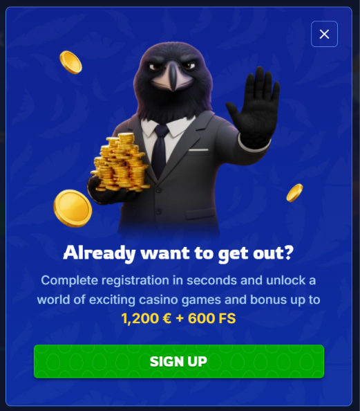 BirdSpin Casino review: registration pop-up showing the 1,200 € + 600 FS welcome offer