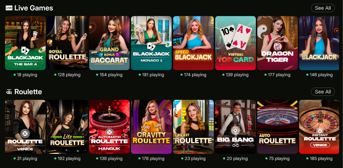 DieselWin Live Casino with blackjack, baccarat and roulette games