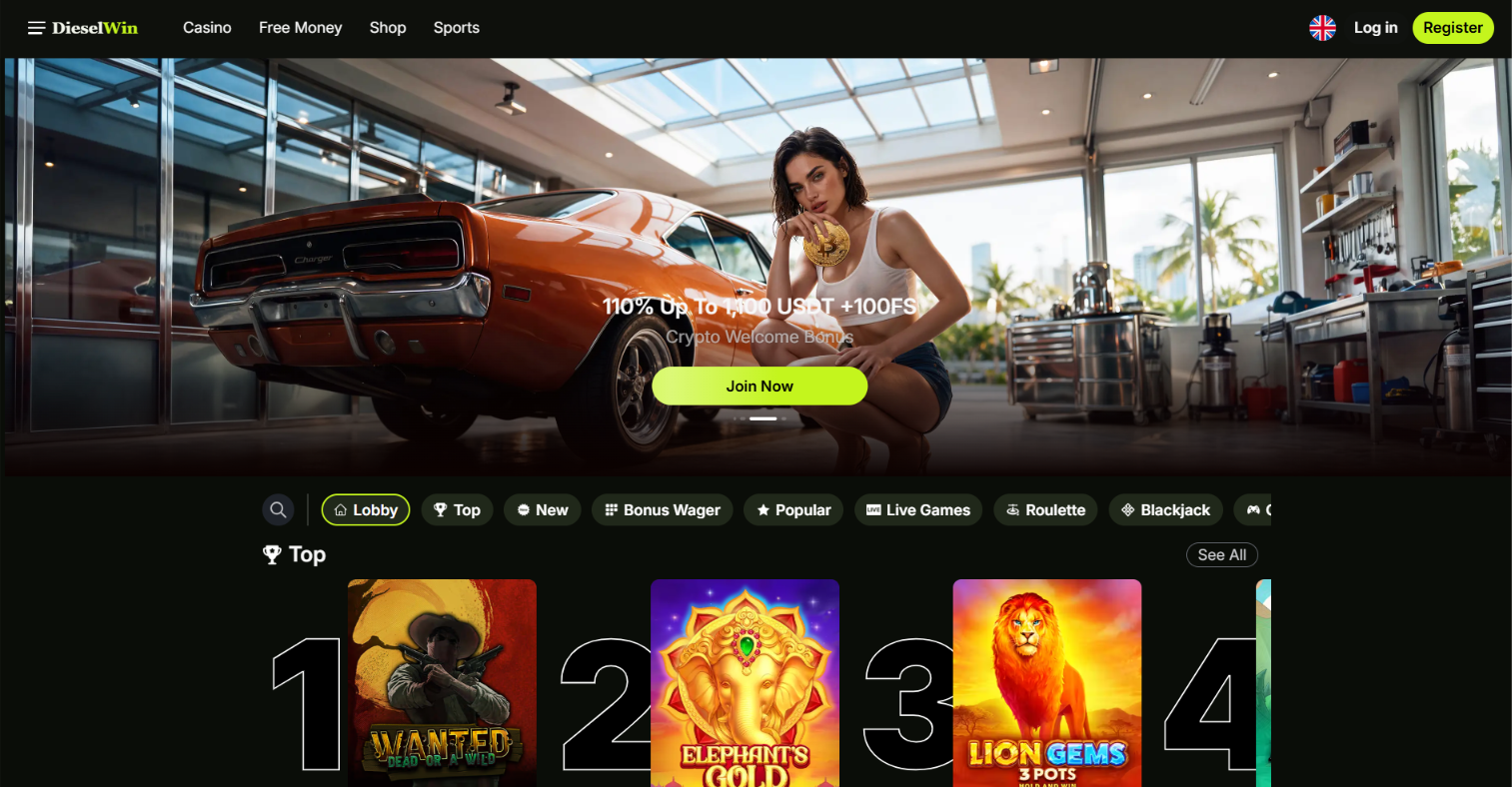 DieselWin Casino homepage with a crypto welcome bonus banner and featured slot games
