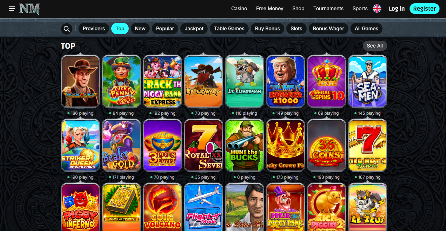 Norse Mania Casino lobby with top online slots