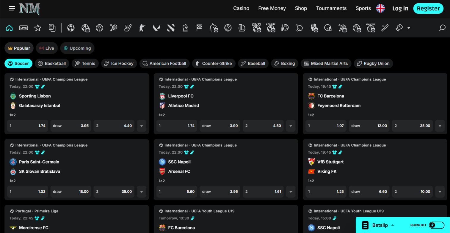 Norse Mania sportsbook with live football matches and betting odds