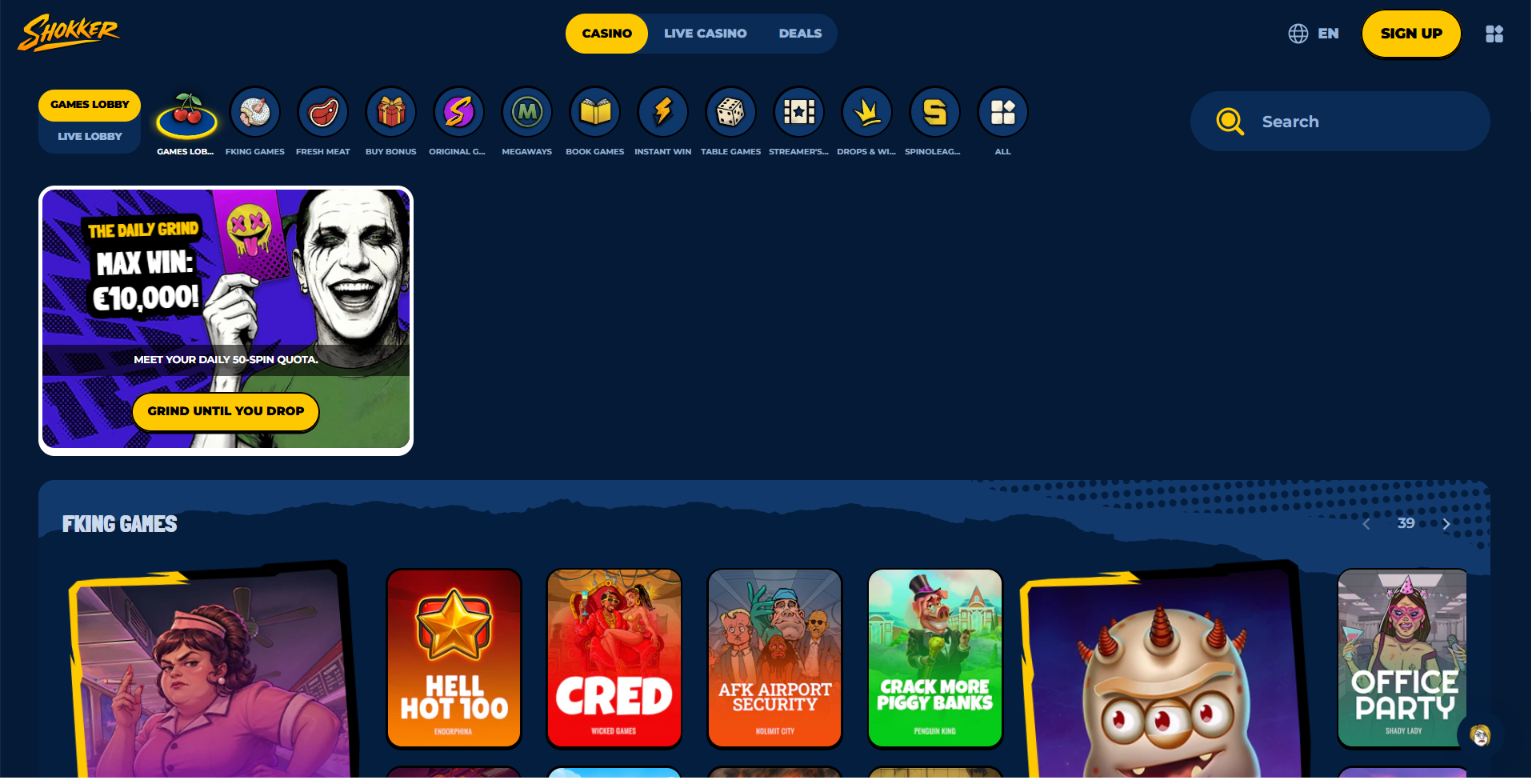 Shokker Casino lobby with slots and live casino games