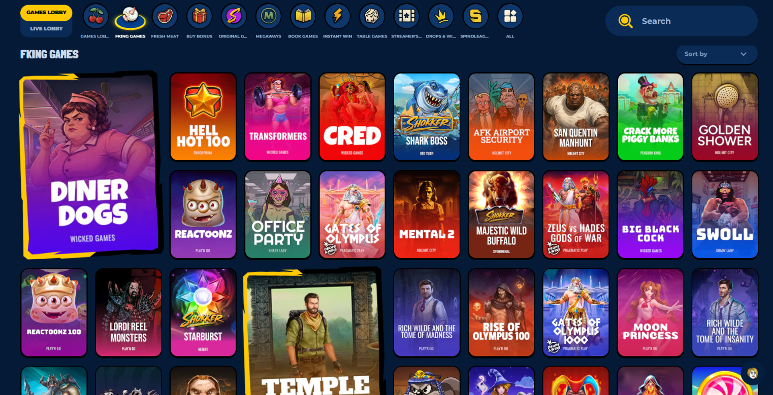 Shokker Casino FKING Games lobby showing available slot titles