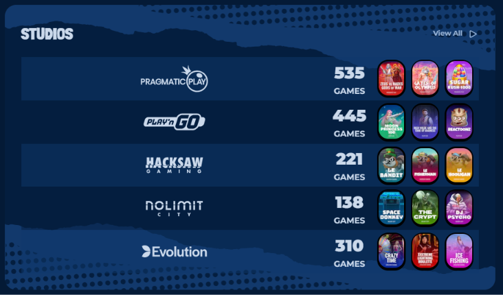 Software providers list showing game counts by studio