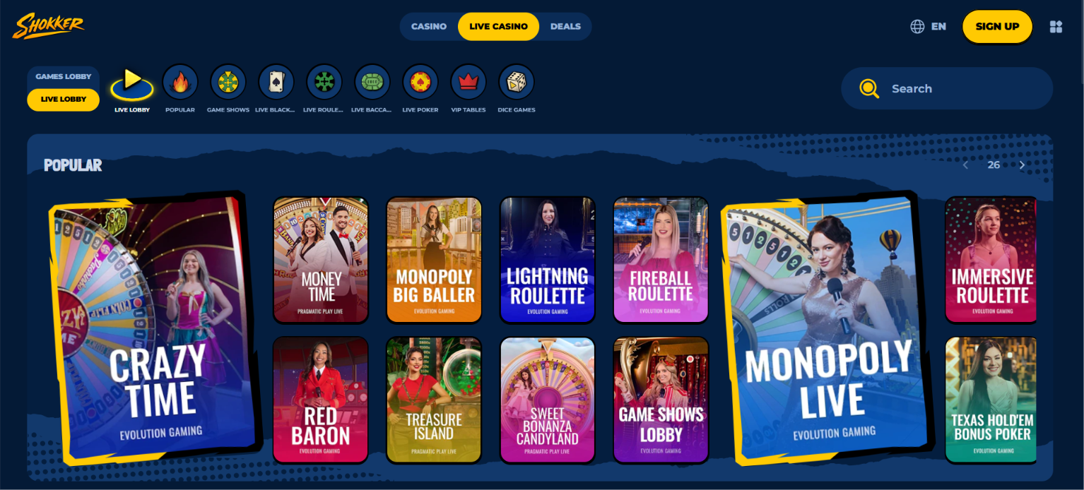 Shokker Live Casino lobby showing popular game shows and live tables