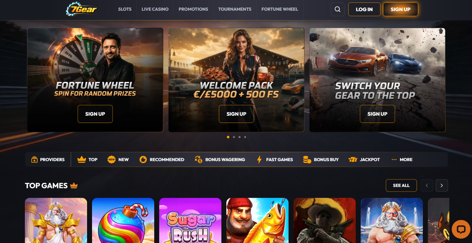 7Gear Casino homepage showing the Welcome Pack banner and top games