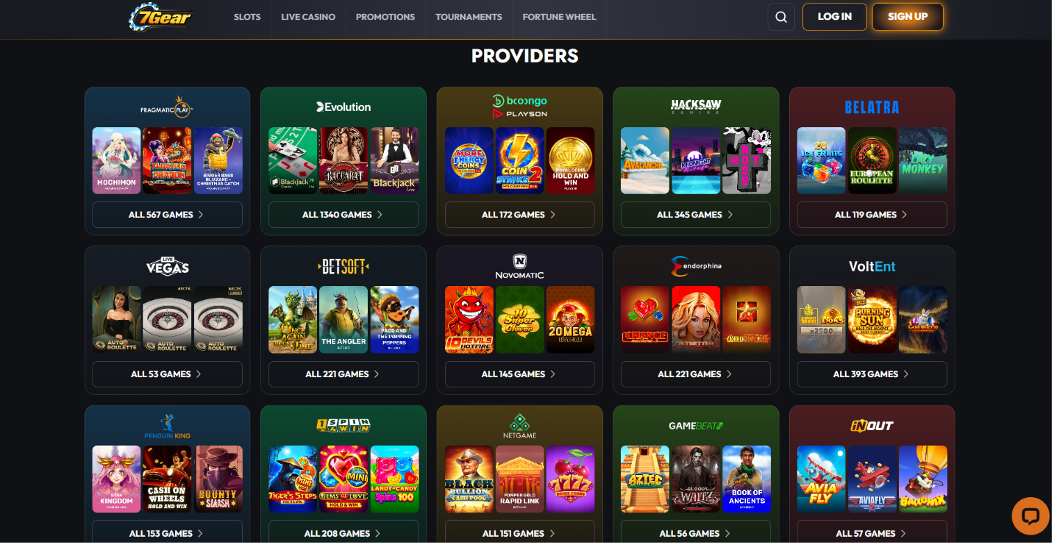 Software providers list showing game counts by studio