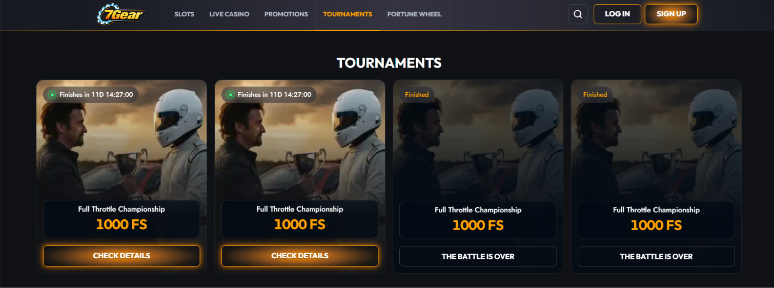 7Gear Casino Tournaments page showing the Full Throttle Championship prize pool