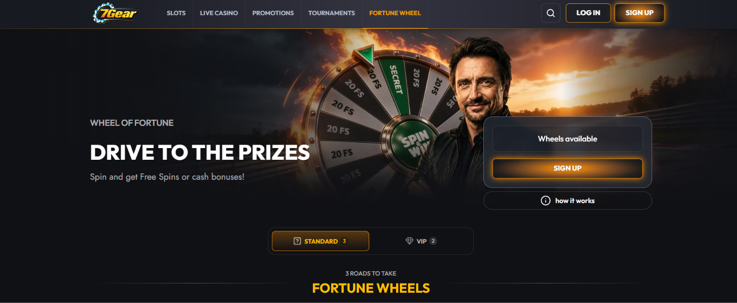 7Gear Casino Fortune Wheel promotion page showing Standard and VIP tiers
