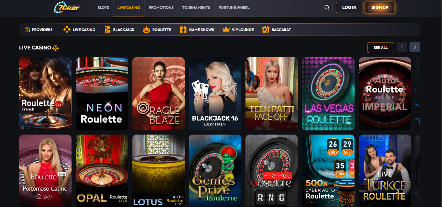 7Gear Casino Live Casino lobby showing roulette, blackjack and game show titles