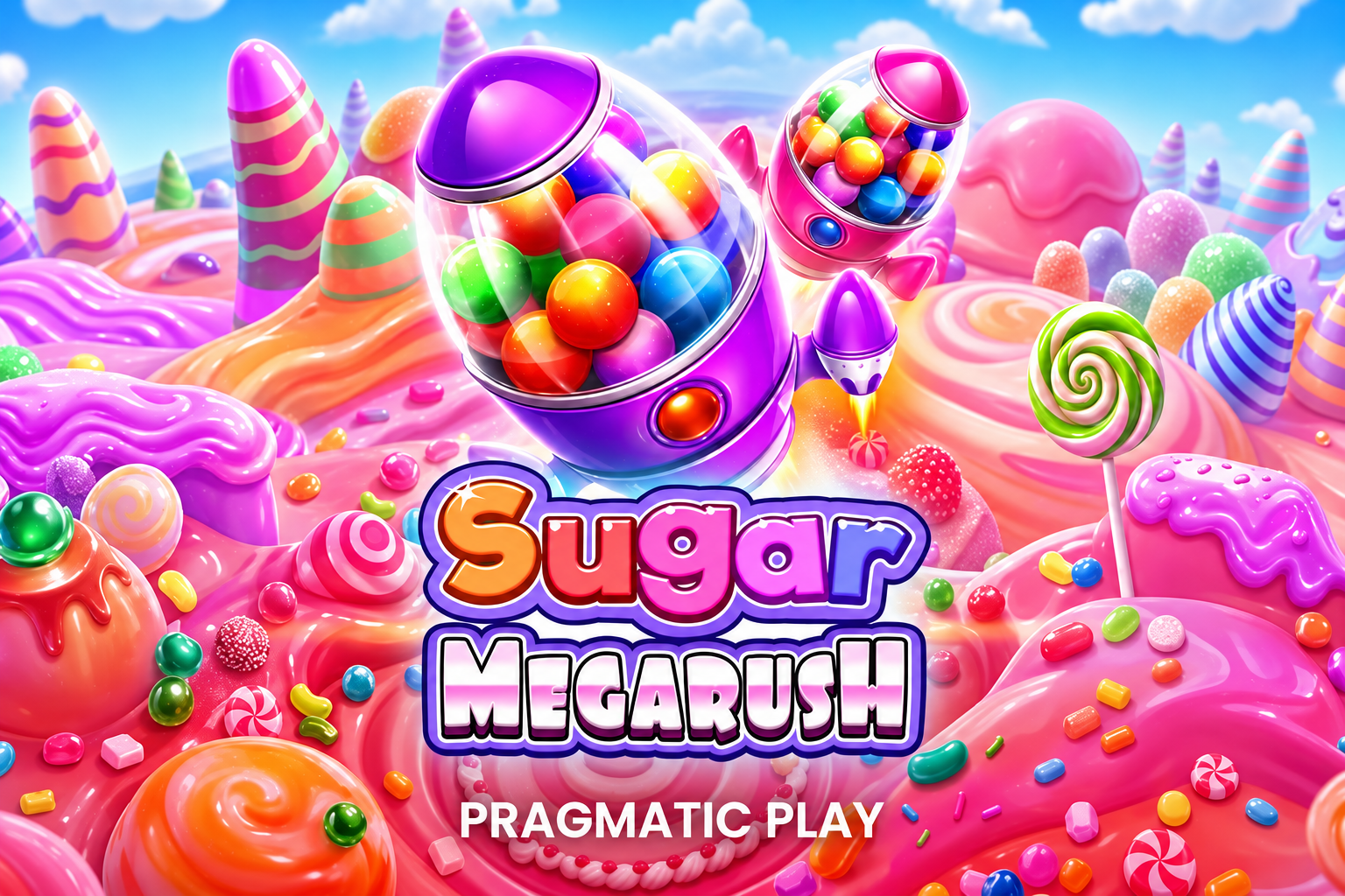 Sugar Megarush game logo above a colorful candy landscape with candy-filled rockets and the Pragmatic Play logo
