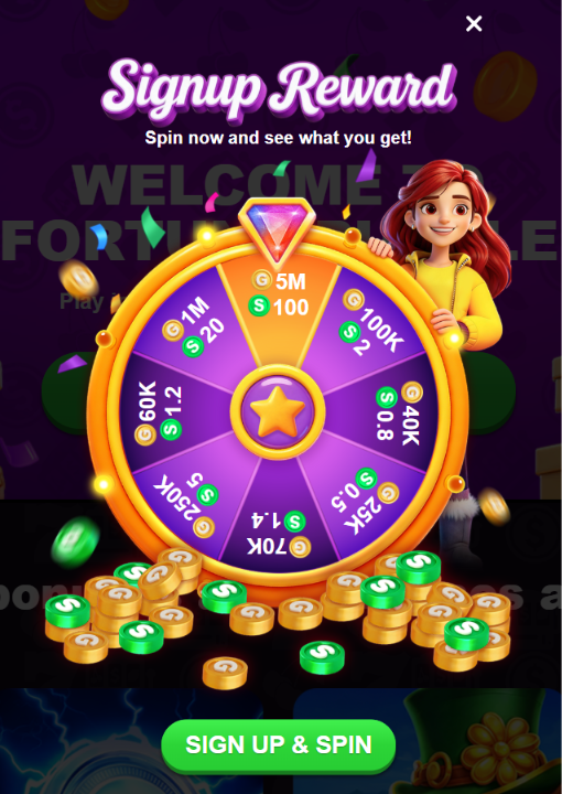 Fortune Purple signup reward wheel with Gold Coin and Sweeps Coin prizes
