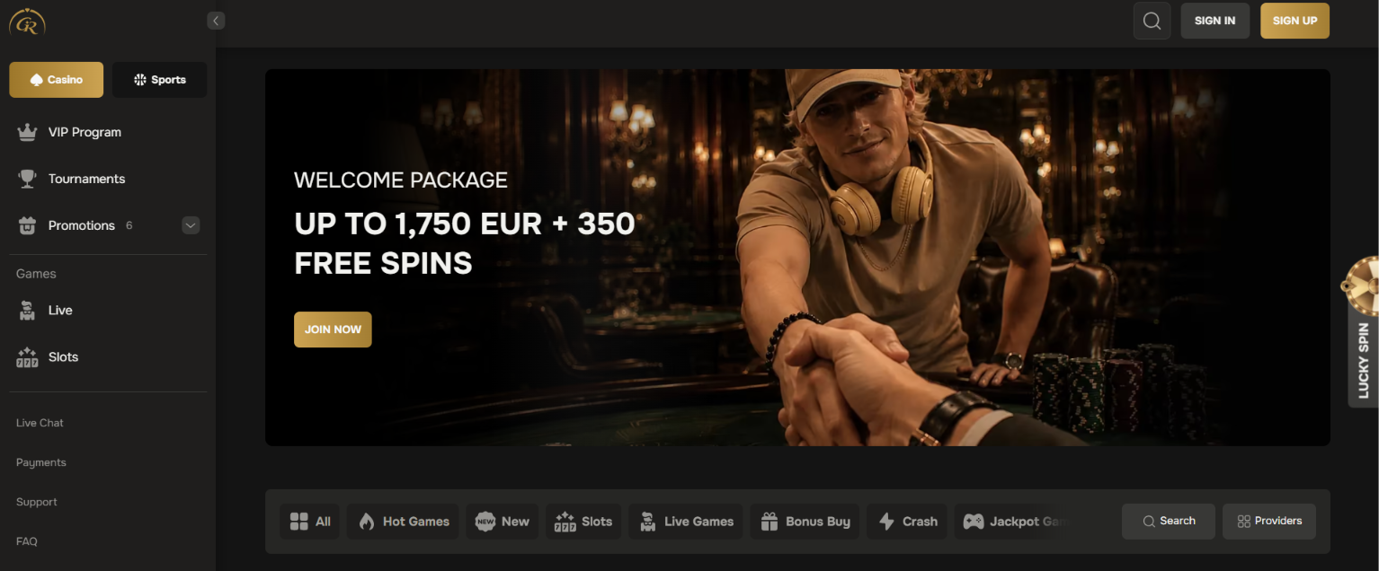 Golden Ring Casino homepage advertising a welcome package of up to €1,750 and 350 free spins