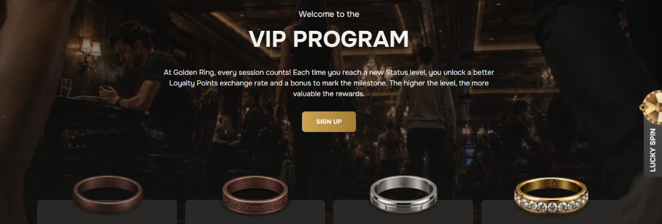 VIP program page featuring loyalty rewards and ring-themed status levels