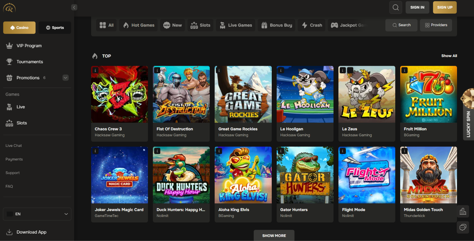 Slot lobby featuring games from Hacksaw Gaming, BGaming and Nolimit City