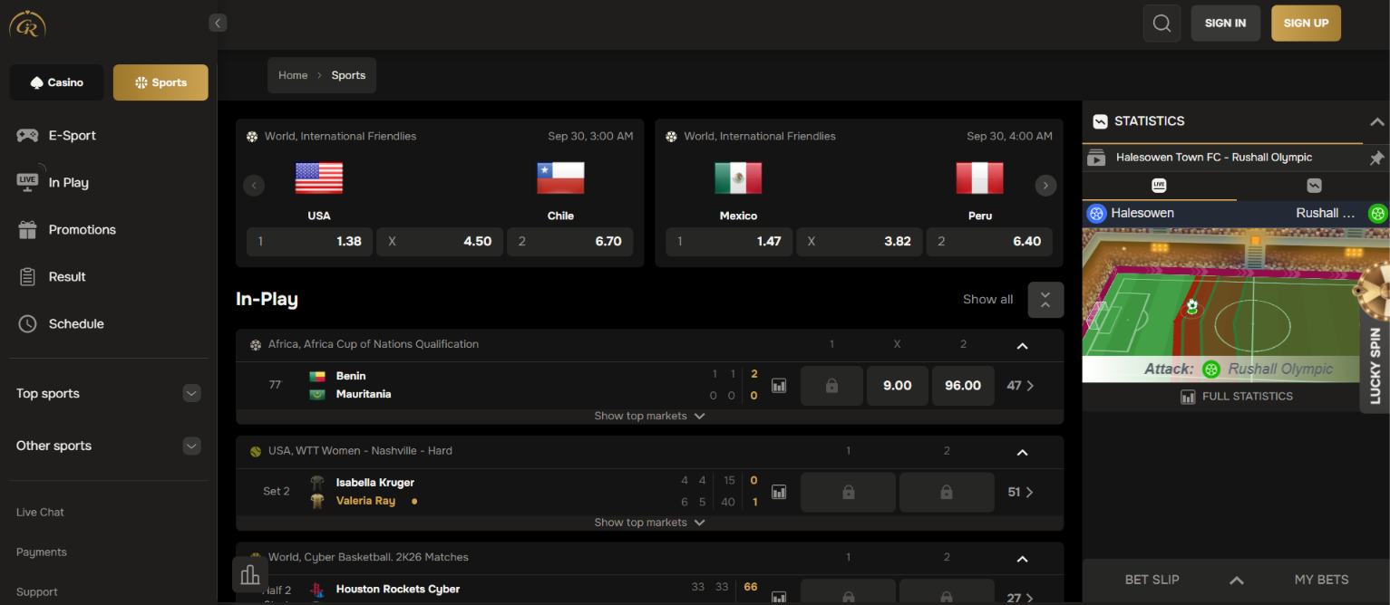 Sportsbook showing live football and tennis odds alongside match statistics