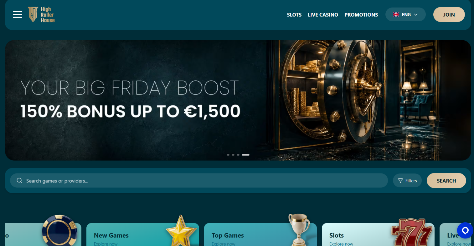 High Roller House Casino homepage showing the Friday Vault 150% bonus up to €1,500