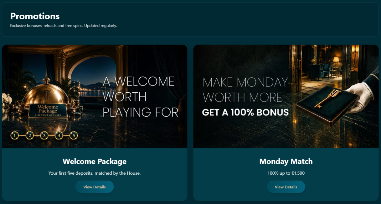 High Roller House Casino promotions page with the Welcome Package and Monday Match bonus