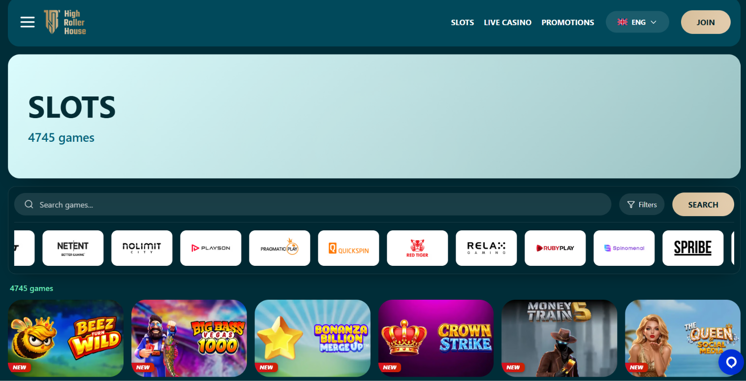 Slots lobby showing 4,745 games, new releases and software provider filters