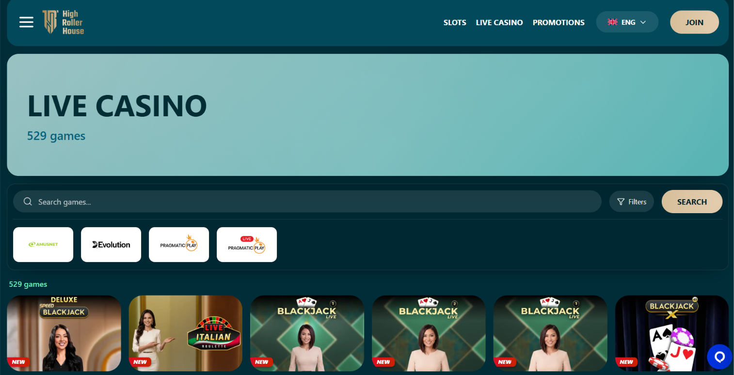 Live casino lobby showing 529 games with blackjack and roulette tables