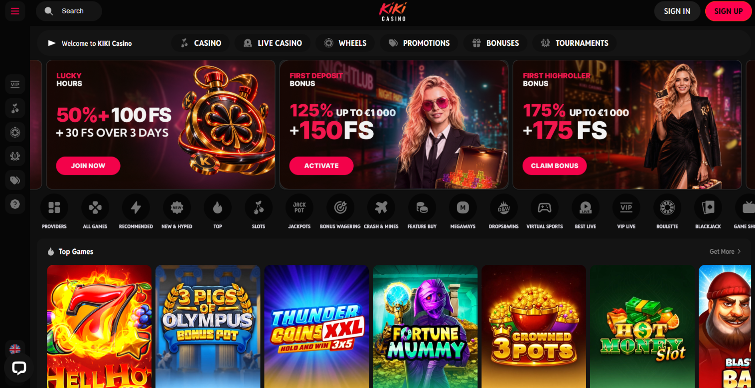Kiki Casino homepage with bonus banners, game categories and popular slots