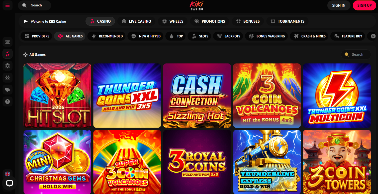 Kiki Casino game lobby with slots and category filters