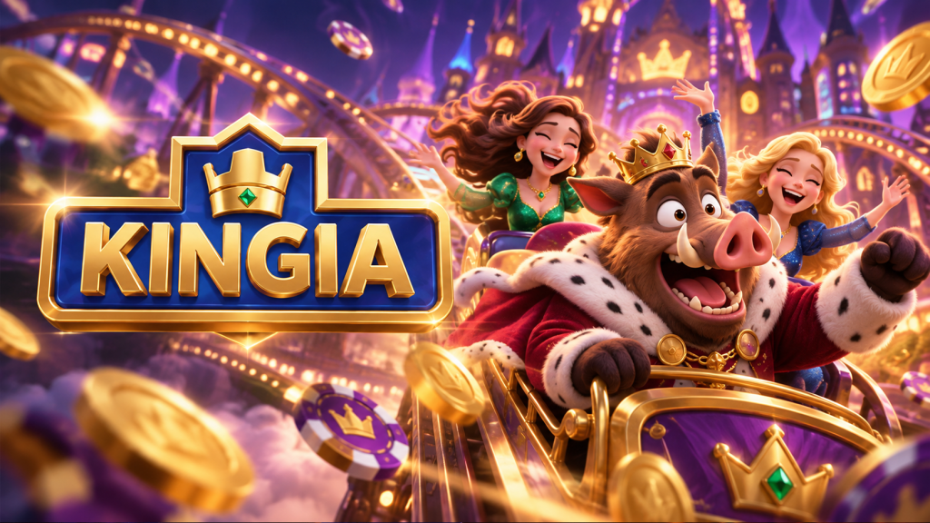Kingia Casino review cover: crowned cartoon boar king and two princesses on a golden rollercoaster with coins and chips
