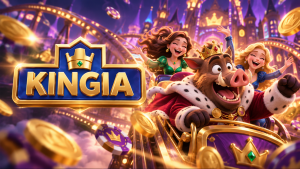 Kingia Casino review cover: crowned cartoon boar king and two princesses on a golden rollercoaster with coins and chips