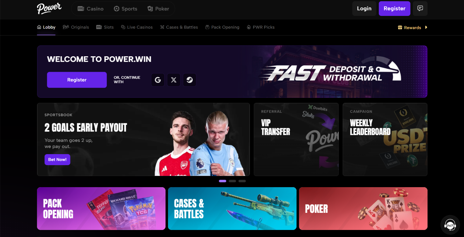 Power.win casino lobby showing PWR Originals and navigation menu