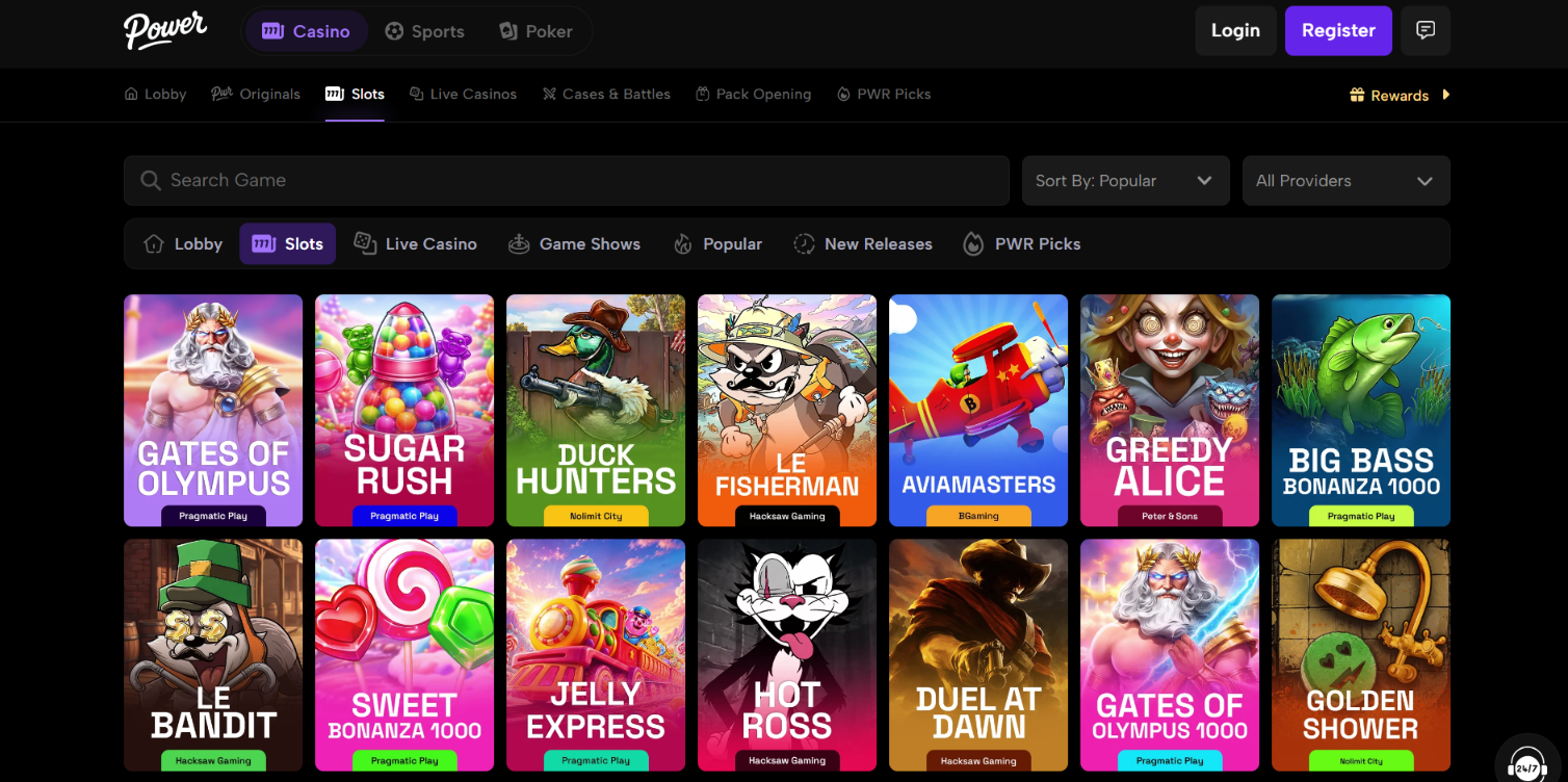 Slots lobby showing titles from Pragmatic Play, Nolimit City and Hacksaw