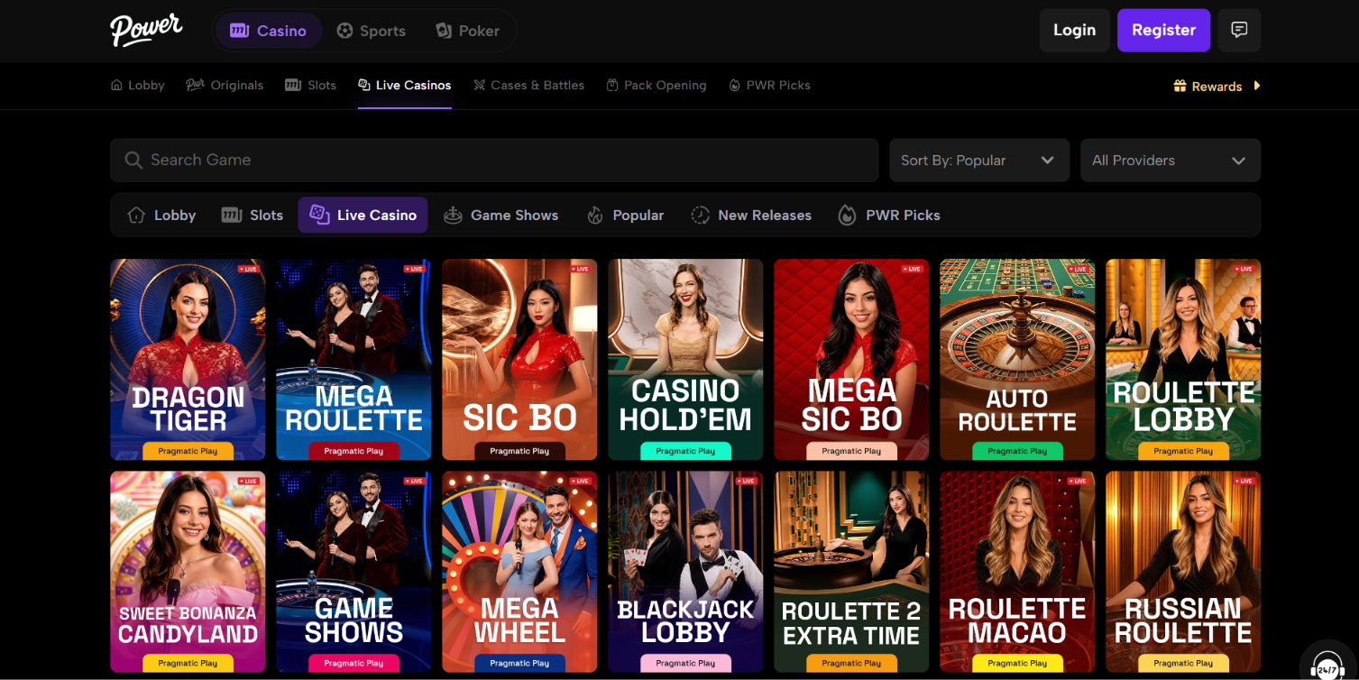 Power.win live casino lobby featuring Pragmatic Play tables and game shows