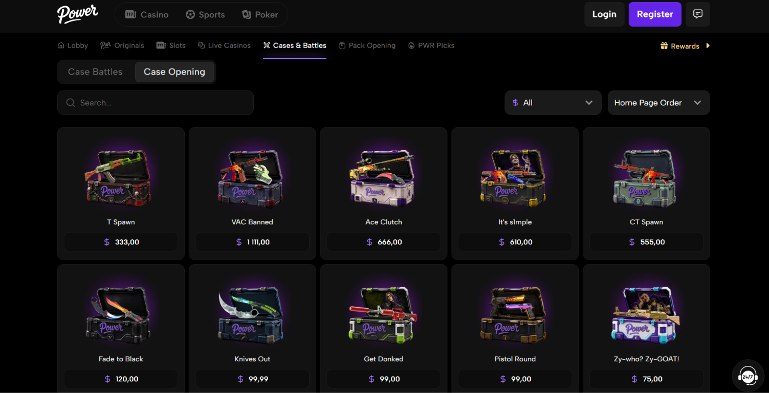 Power.win Casino Case Opening screen showing CS:GO-style skin crates with prices