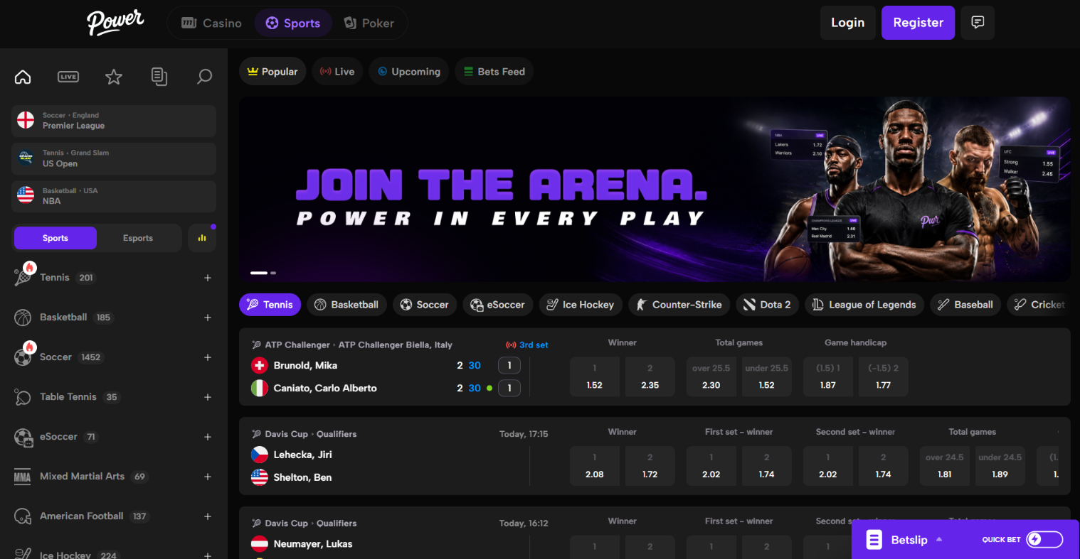 Sportsbook showing live tennis odds and sports navigation menu