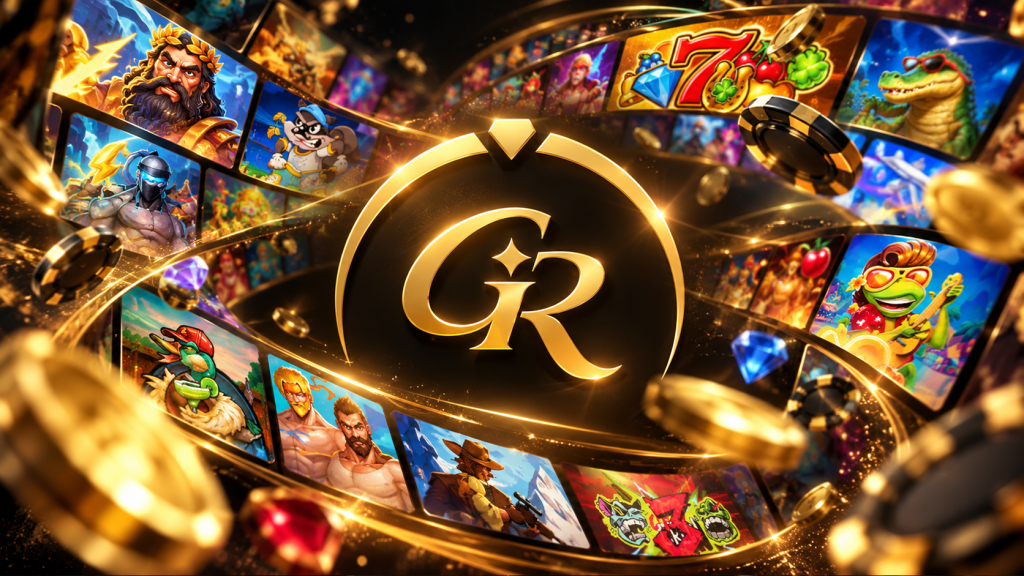 Golden Ring Casino review cover featuring the gold GR logo surrounded by slot game characters, coins and casino chips