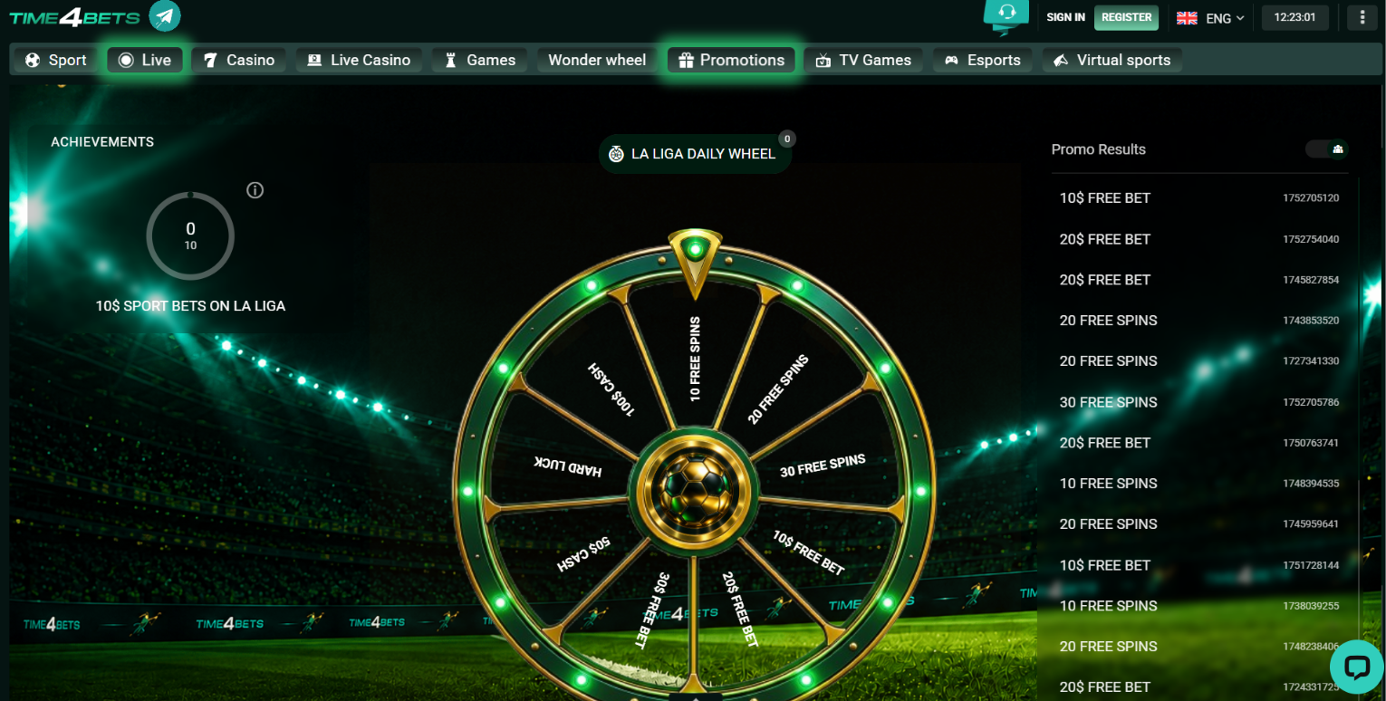Time4Bets Casino Review showing the La Liga Daily Wheel prizes