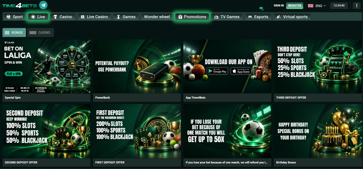 Time4Bets promotions page with deposit bonuses, PowerBank, La Liga wheel and birthday rewards