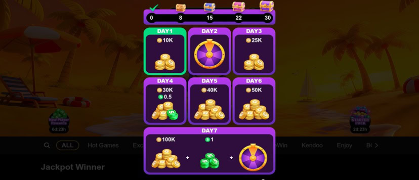 Seven-day login calendar with Gold Coins, Sweeps Coins and a bonus wheel
