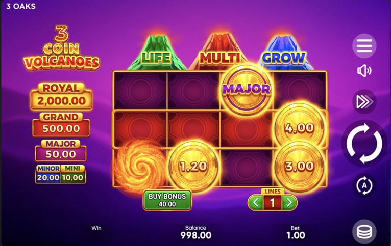 3 Coin Volcanoes slot with coin prizes and Buy Bonus option