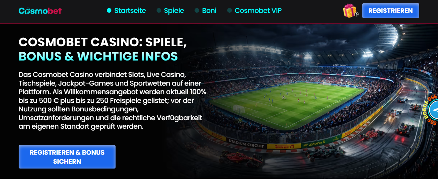 Cosmobet Casino homepage with welcome bonus and registration button