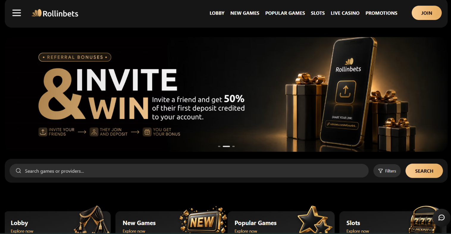 Rollinbets homepage with an Invite & Win referral bonus banner, game search and casino category navigation.
