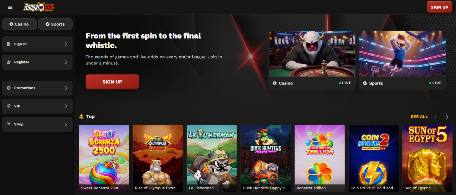 BangaWin Casino review showing the homepage with casino games, sports betting and featured slots.