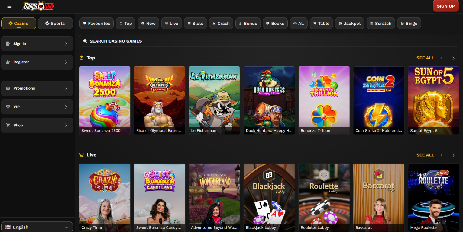 BangaWin casino games including Sweet Bonanza 2500, Le Fisherman, Crazy Time and live dealer tables.