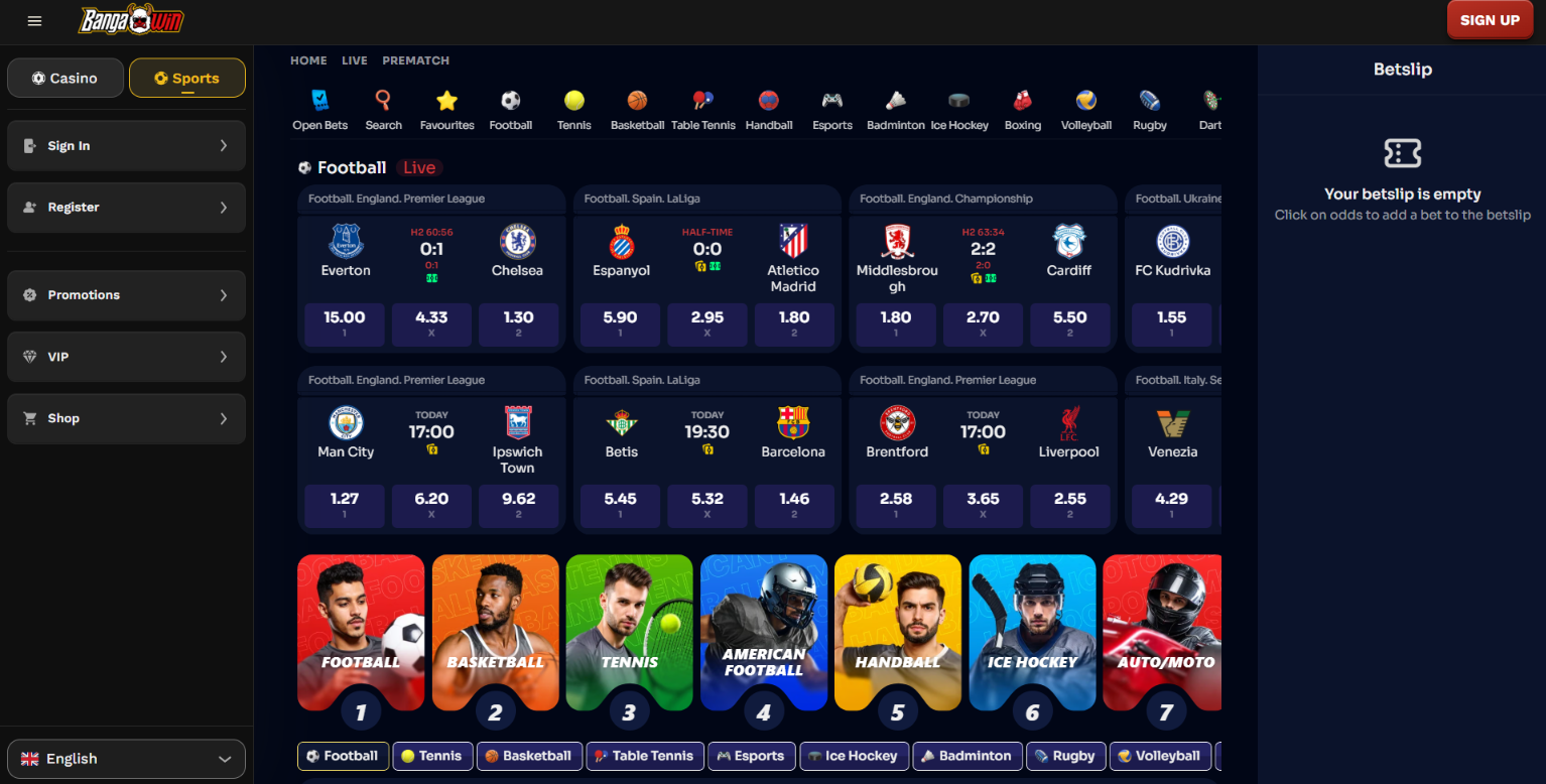 BangaWin sportsbook displaying live football scores, upcoming matches and betting odds.